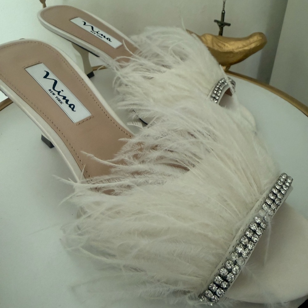 Nina Women's Cream Feathered Heels with Rhinestones
